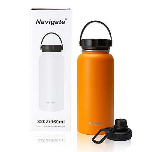 NAVIGATE 32oz Wide Mouth Stainless Steel Water Bottle with Bonus Lid, Double Walled