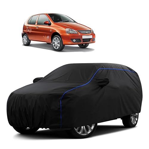 Image of Sulfar 100% Water Resistant Car Body Cover Compatible with Mirror for Tata Indica eV2 (Triple Stitched, Full Bottom Elastic, Black Tafetta with Blue Piping)