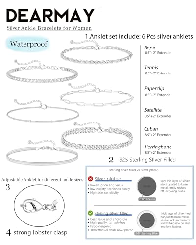 DEARMAY Dainty Silver Ankle Bracelets for Women Waterproof, S925 Sterling Silver Anklets Jewelry Layered Cuban Chain Herringbone Cute Anklets Set Pack Summer Beach Gift for Women Teen3