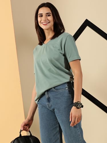 Image of Women's Pure Cotton Relaxed Fit V-Neck Half Sleeve T-Shirt | Gym Wear Casual Look T-Shirt | Regular Fitting with Comfort Wear for Women