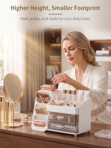 Image of Booklov Makeup Organizer for Vanity, Large Capacity Cosmetic Display Case with Clear Acrylic Drawer, Countertop Beauty Storage Holder for Skincare, Brush Eyeshadow Lipstick Counter Desk, Crystal White