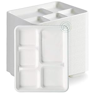 100% Compostable, 5 Compartment, Disposable Paper Plates [125-Pack] – {PFAS Free} – {BPA Certified} – [10 Inch] Heavy Duty Biodegradable Bagasse Sectional Lunch Trays + Dividers – Divided Platter Tray