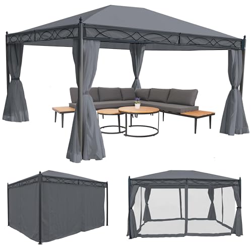 Gazebo pergola baldacchino moderno elegante Cadice acciaio poliestere 4x3m grigio con zanzariere e tende