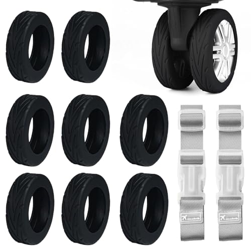 Soomuct Lot de 8 protections de roue de valise, housses pour roues pivotantes de 5 à 6,1 cm, avec deux sangles grises, adaptées pour les bagages à main (noir)
