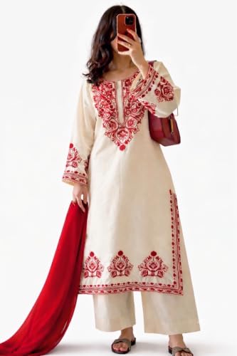 Image of LookMark Women's Cotton Kurta Set with Dupatta | Cream | Red Embroidery | Long Sleeve