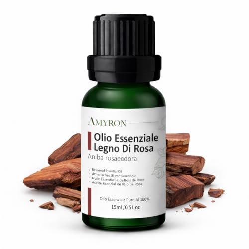 Olio Essenziale Legno Di Rosa 15ml AMYRON | Rosewood | Aroma Legnoso E Speziato | Naturale E Puro Al 100% | Ideale Per Aromaterapia | Diffusore Oli Essenziali | Massaggi aromatici | Senza OGM.