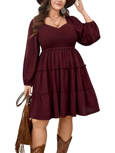 CICIDUDU Plus Size Smocked Fall Mini Dress for Curvy Women Long Sleeve Tiered Flowy A-Line Cute Short Dresses Burgundy