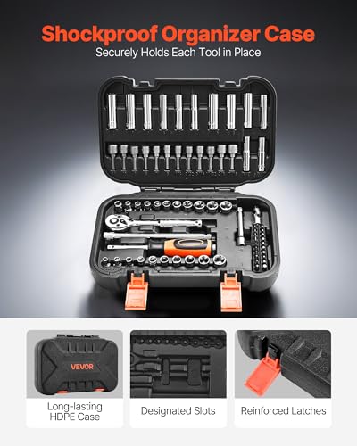 Image of VEVOR Socket Set, 70 Pieces, 1 /4 inch Drive Socket and Ratchet Set, SAE and Metric, Deep and Shallow, Mechanic Tool Kit with Bits, Accessories and Storage Case, CR-V Alloy Steel, for Automotive Repair