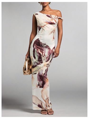 Image of GORGLITTER Women's Long Floral Dress Asymmetrical One Shoulder Sleeveless Bodycon Maxi Dress