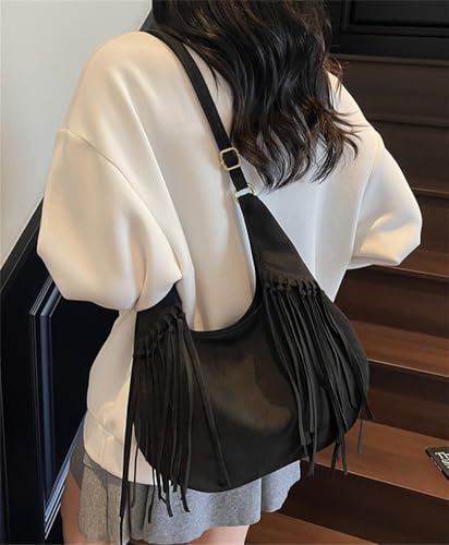Vintage Suede Bags Women Tassel Hobo Tote Handbag Purses Shoulder Crossbody Bags3