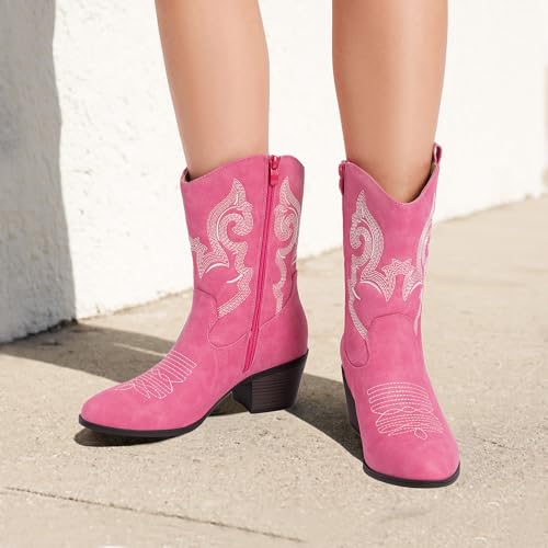 Image of DREAM PAIRS Mid Calf Cowboy Cowgirl Boots for Women | Round Toe Western Boots, Chunky Low Heel, Embroidery Boot, Country Music Festivals Theme Party