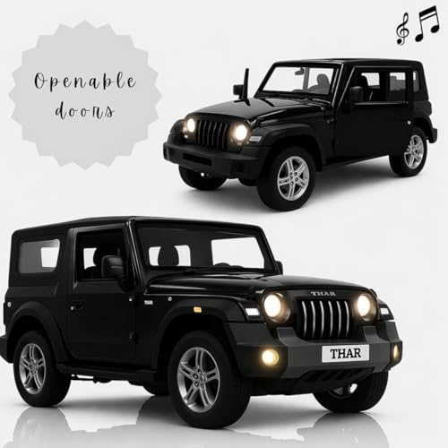 Image of Mahindra Thar 4x4 Toy Car 1:32 Die Cast Metal SUV Model - Pull Back Action Vehicle with Opening Doors, Rubber Tyres & Detailed Interior (Black /Random Colour)