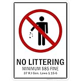 No Littering Minimum 85 Fine 37 Ri Gen Laws 15 6 Sign, 10x14 Inches, 55 mil thick HDPS (high density polystyrene), Made in USA by My Sign Center