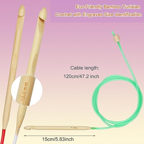 Image of Aeelike Tunisian Crochet Hook Set - 11pcs Afghan Long Crochet Hooks 2-8 mm Aluminum & 12pcs Bamboo Hooks 3-10 mm with Plastic Cable, Colorful