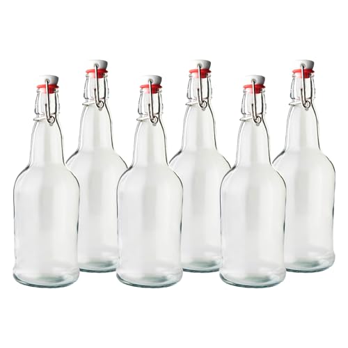 FastRack 16 oz Clear Swing Top Glass Bottles – 6 Pack | Flip Top Airtight Bottles (Not Olive Oil Style) | Reusable Bottles for Kombucha, Beer, Soda & Fermentation