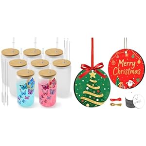 Joyclub Bundle of 8 Pack Sublimation Glass Cups Blanks with Bamboo Lid 16 OZ and 25 PCS 3'' Ceramic Sublimation Christmas Ornaments