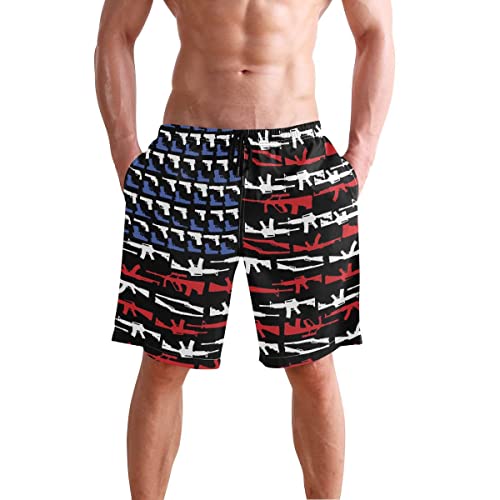 Glaphy American Flag And Gun Pattern Men's Beach Shorts Swim Trunks Quick Dry Swim Shorts For Men, S M L Xl Xxl #TOP1
