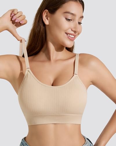 QDN Seamless Bralette for Women Padded Ribbed Sports Bra Adjustable Strap Low Back Bra, Sleep Bras & Lounge Bras for Women2