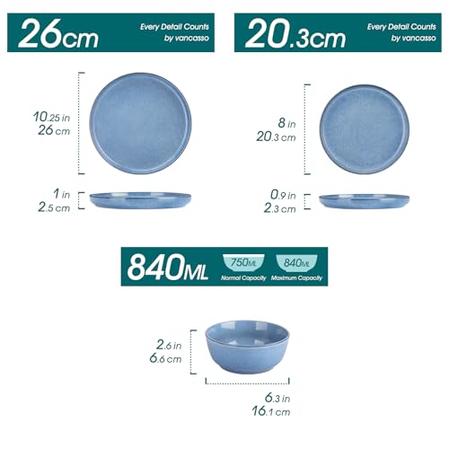Steingut Geschirrset 6 Personen, vancasso ANYA Blau Teller Set Modern 18 teilig,Tafelservice mit Speiseteller, Desserttellern und Schüsseln, Geschirr Set Spülmaschinen und Mikrowellenfest