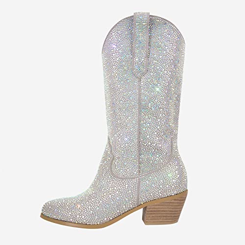 Missheel Rhinestone Mid Calf Boots Sparkly Silver Cowboy Boots Sequin Cowgirl Boots Glitter Chunky Heel Boots Round Toe Block Mid Heel Sequin Boots Size 11 #TOP1