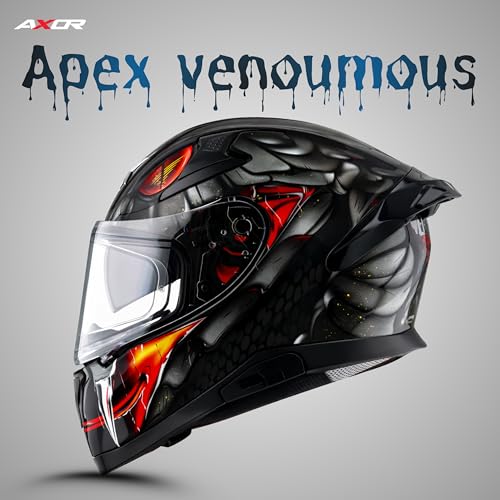 Image of Axor Apex Venomous ISI ECE DOT Certified Full Face Dual Visor Helmet for Men and Women with Pinlock Fitted Outer Clear Visor and Inner Smoke Sun Visor Black Grey(L)