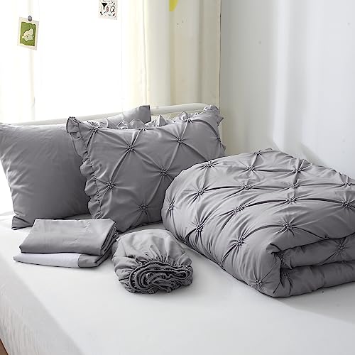 JOLLYVOGUE Gray Bed in a Bag Comforter Set for Bedroom, Pintuck Twin Size Comforter Sets 5 Pieces, Beddding Sets with Comforter, Sheets,Ruffled Shams & Pillowcases