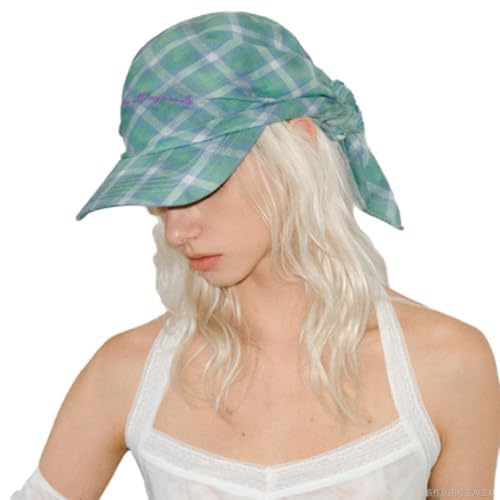 Bandana Hat for Women – Summer Y2K Plaid Baseball Cap with Head Scarf Streetwear Vintage Visor Accessory (Green)