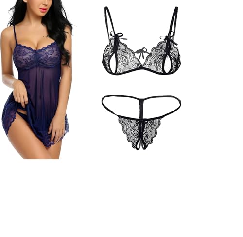 Image of SSoShHub Lace Babydoll Lingerie Sexy Mini Chemise Mesh Wedding Nightie Bridal Nightdress with Bikini