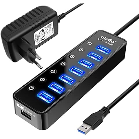 USB Hub Aktiv 3.0 mit Netzteil, 7 Ports USB 3.0 Hub aktiver Datenhub mit Schalter und 1 Intelligenter Charging Port und 20W(5V/4A) Netzteil Adapter Cover