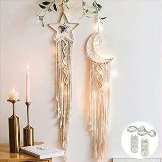 Spring.Rd 2 Pcs Macrame Wall Hanging Star Moon Dream Catcher with Light, 100% Handmade Cotton Woven Wall Hanging Tapestry, Bohemian Dream Catcher Wall Decoration for Home Bedroom Decoration