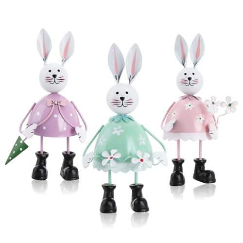 com-four® 3X Conejo Decorativo de Metal - Conejitos de Pascua en Colores Brillantes para la decoración de Pascua - Figuras Decorativas para Colocar de pie - Decoración de Primavera