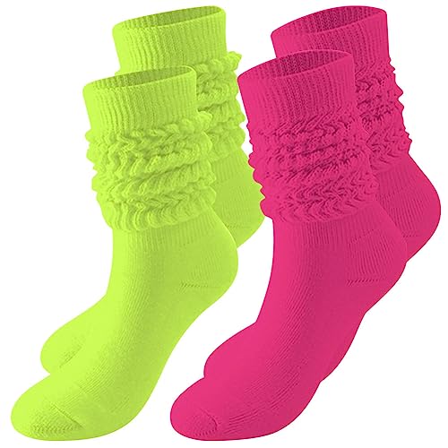 Image of 2 Pairs 80s Neon Women's Slouch Socks Extra Long Knit Scrunch Socks Heavy Thick Scrunchie Socks Size 9 to 11