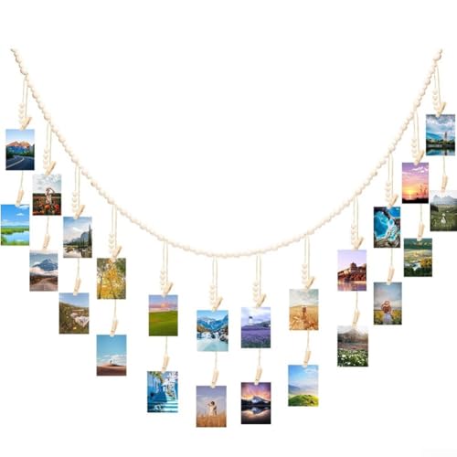 Gdfnmogo Expositor de fotos colgante bohemio con clips de madera, cuerda de yute de 70 pulgadas, cuentas de madera natural, decoración duradera para dormitorios y paredes de niñas adolescentes