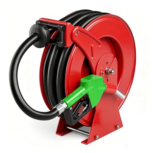 3/4 x 33ft Fuel Hose Reel Extra Thick Steel 300PSI Diesel Fuel Transfer Hose 3/4 Inch Retractable Hose Reel with Fuel Nozzle Working with Pump & Tank