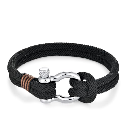 BIYONGDE Mens Womens Nautical Sailor Rope Bracelet, Two-row Friendship Bracelet with Steel Screw Anchor Shackles (Classic Black with Brown Stripe)