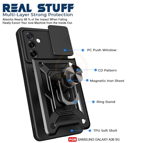 Image of Armor Bumper Back Cover Case for Samsung Galaxy A36 5G Rotating Camera Cover, Ring Holder & Kickstand | Heavy Duty & 360 Degree Protection Samsung Galaxy A36 5G Back Cover (Black)