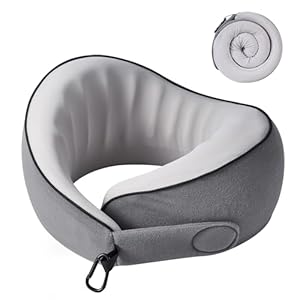 Travel Pillow, 100% Pure Memory Foam Travel Neck Pillow Airplane Neck Support Ergonomic Design for Traveling Suitable for Airplanes,Offices and Cars-Cooling Silk Grey Cover