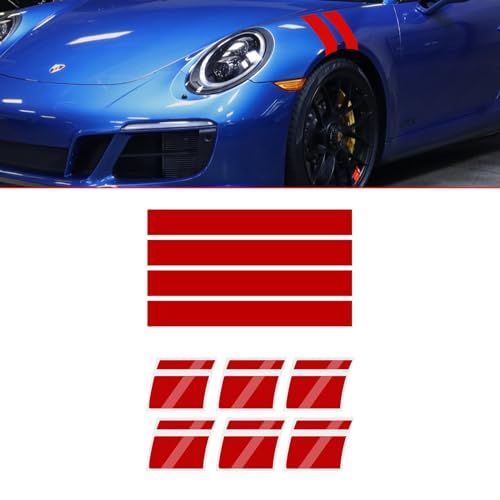 Image of x xotic tech Auto Universal Racing Style 4Pcs Front Hood Fender Double Hash Stripe Stickers + 6Pcs Reflective Wheel Tire Rim Safety Warning Decals Decoration Accessories Set (Red)