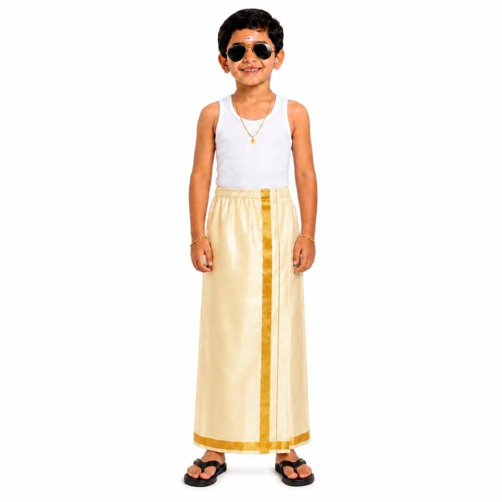 Readymade Elastic Gold Colour Single Layer Tissue Dhoti for Men & Boys | Adult size with Pocket | Pre-Stitched Ready-to-Wear Tissue Veshti | 3/4-Inch Gold Jari Border | Traditional South Indian Wear-picture-27