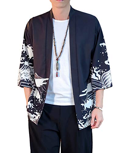 PRIJOUHE Men s Lightweight Kimono Jacket Seven Sleeve Open Front Cardigan Coat Japanese Style Bathrobe