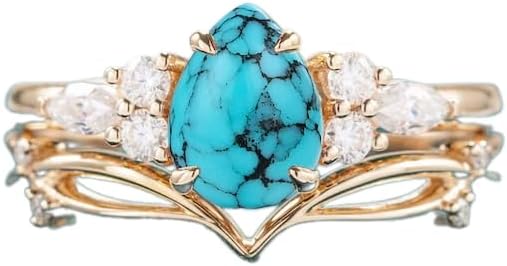 turquoise engagement ring set Pear shaped women rose gold marquise cut moissanite unique diamond curved wedding band Bridal set