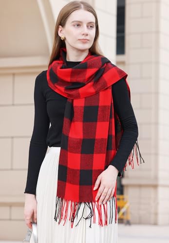 Wander Agio Women's Fashion Long Shawl Winter Warm Lattice Large Scarf Small Plaid Red Black - Thumbnail 4