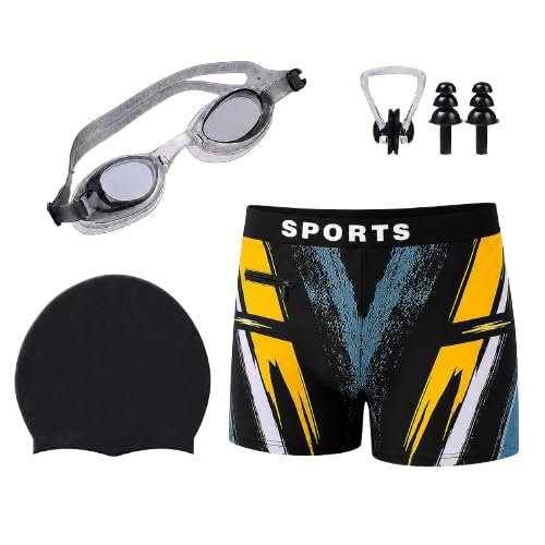 Swimming Combo Kit with Shorts (28–34 Inch) | Anti-Fog Goggles, Silicone Swim Cap, Ear Plugs & Nose Clip | Regular Fit Complete Swim Set for Men | Ideal for Pool Training & Beach_Black & Yellow-M-image-24