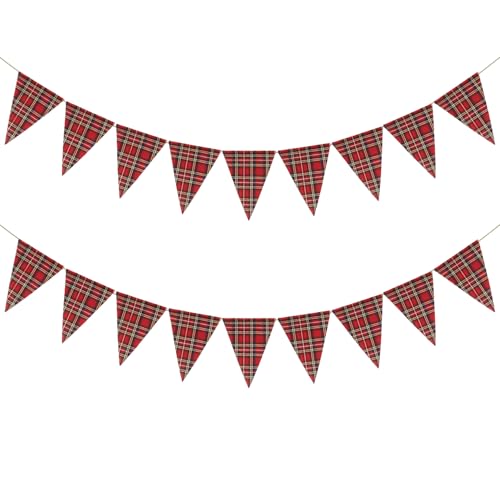 JUFYVO 2pcs Mixed Tartan Bunting Banner Christmas Fabric Pennants Bunting Banner Reusable Triangle Flags Banner Christmas Party Decorations for Engagement Christmas Carnival (2.5m)