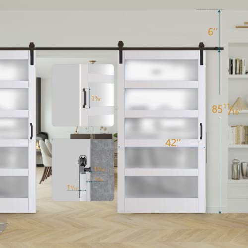 ARKHJEM Double Barn Door ,42\'\'×84\'\' Frosted Glass Barn Door x 2, DIY Interior Barn Doors for Home 5 Lattices of Frosted Glass Easy Installation for Living Room,Hardware Kit Included