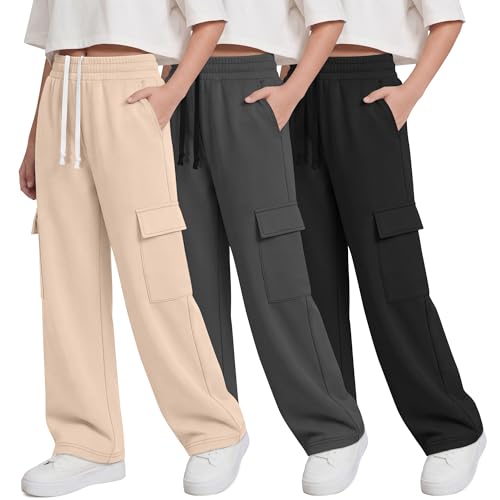 YooAurvox 3 Pack Girls' Cargo Sweatpants Kids Wide Leg Baggy Pants Loose Drawstring Teen Joggers with 4 Pockets 5-14 Years(Black, Pure Dark Gray, Apricot,13-14 Years) by YooAurvox - Used condition - US$26.92