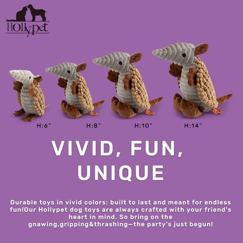 Image of Hollypet Plush Dog Squeaky Toy Stuffed Armadillo Animal Pet Puppy Chew Toys with Clean Teeth for Small Medium Large All Breed Sizes Dogs, Light Brown, 10 in