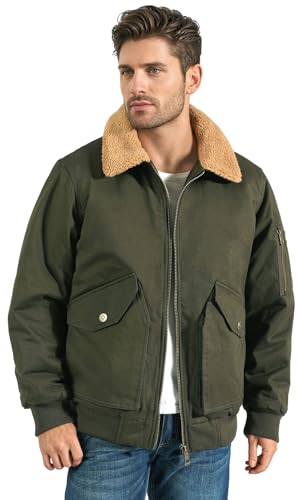 Image of LOUECHY Men's Washed Cotton Military Jacket Sherpa Lined Utility Jacket Thick Warm Winter Jacket