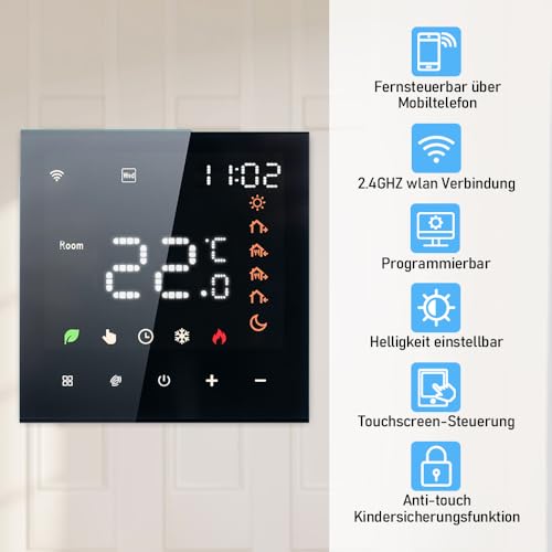 Decdeal WiFi Smart Thermostat Raumthermostat,Wasser Thermostat Fussbodenheizung,Fernsteuerung Programmierbar,3A Einstellbare Helligkeit Kompatibel Mit der App tuya/Google Home(White)