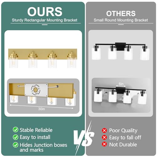 Image of IZORRO Bathroom Vanity Light Fixture, 4-Light 30 Inch Gold Bathroom Light Fixtures Over Mirror, with Clear Glass Shade, Modern Farmhouse Vanity Lights, Rustic Restroom Lighting Fixtures